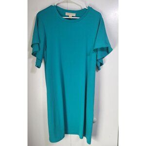 Michael Michael Kors SZ LG Teal Jersey SS Flutter Sleeve Shift T-Shirt Dress